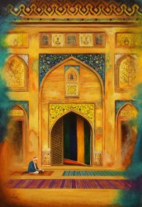 S. A. Noory, Wazir Khan Mosque, 24 x 36 Inch, Acrylic on Canvas, Figurative Painting, AC-SAN-097
